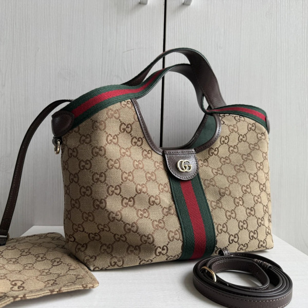 Top-tier Gucci embroidered canvas double G patterned cowhide giglio tote bag, hobo messenger bag, crossbody bag, small size 25*20