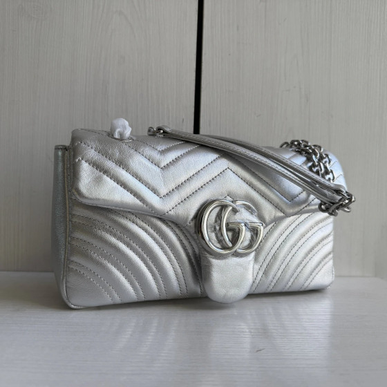 Top-tier Gucci G marmont wavy pattern W pattern calfskin chain messenger bag, silver, vintage double G women's bag, small size 22cm, medium size 26cm