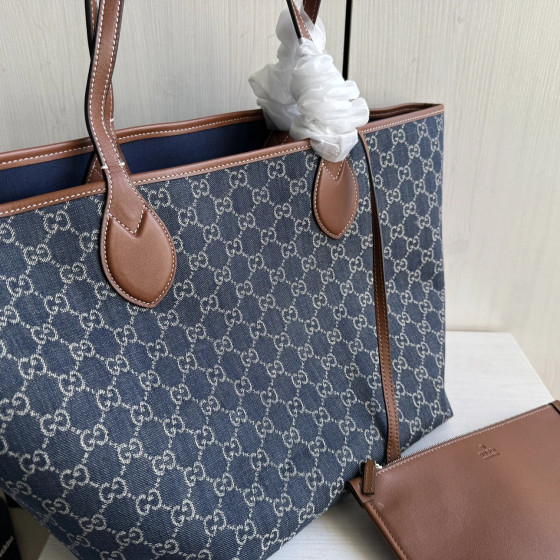 Gucci first-layer cowhide denim patchwork old flower tote shopping bag, mother-daughter bag, shoulder bag, bottom length 30*28