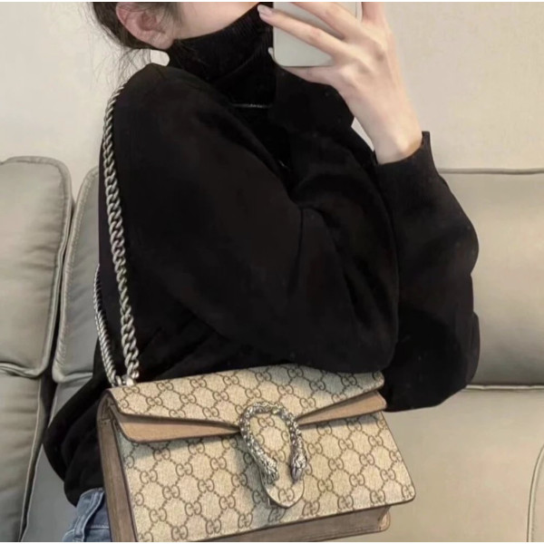 GUCCI new size 25cm G Dionysus bag, diamond-encrusted tiger head, crafted from nubuck leather, vintage chain bag, cross-body shoulder bag