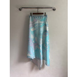 Pucci irregular silk skirt, made of 100% twill silk, features a signature geometric swirl print throughout the entire body, with the "Orchidee" print covering the entire body. The asymmetric skirt comes in sizes 36, 38, 40, and 42