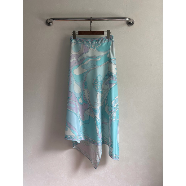 Pucci irregular silk skirt, made of 100% twill silk, features a signature geometric swirl print throughout the entire body, with the "Orchidee" print covering the entire body. The asymmetric skirt comes in sizes 36, 38, 40, and 42
