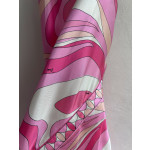 Pucci silk halter dress, featuring the iconic "Labirinto" swirl pattern print, made of heavyweight twill silk material. Size options: 36, 38, 40, 42