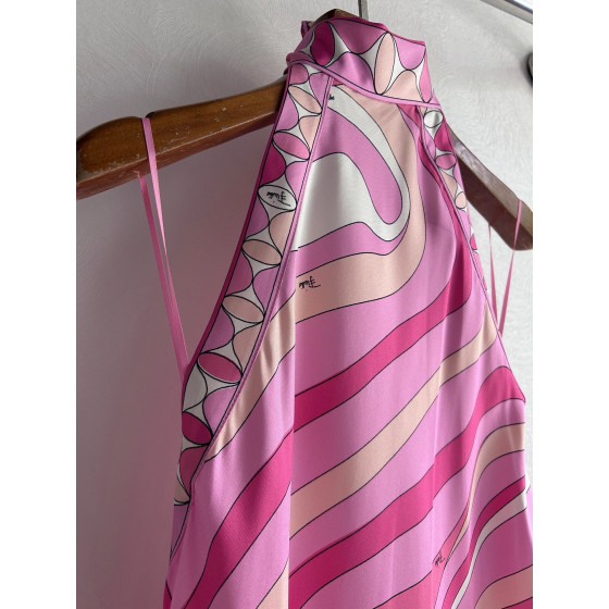 Pucci silk halter dress, featuring the iconic "Labirinto" swirl pattern print, made of heavyweight twill silk material. Size options: 36, 38, 40, 42