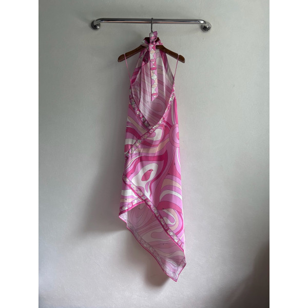 Pucci silk halter dress, featuring the iconic "Labirinto" swirl pattern print, made of heavyweight twill silk material. Size options: 36, 38, 40, 42