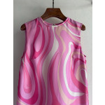 Pucci silk floral-print dress made of 100% heavyweight twill silk, lined with tulle, featuring a widened fixed round neck, concealed zipper at the back, and a straight hem. Size options: S, M, L, XL