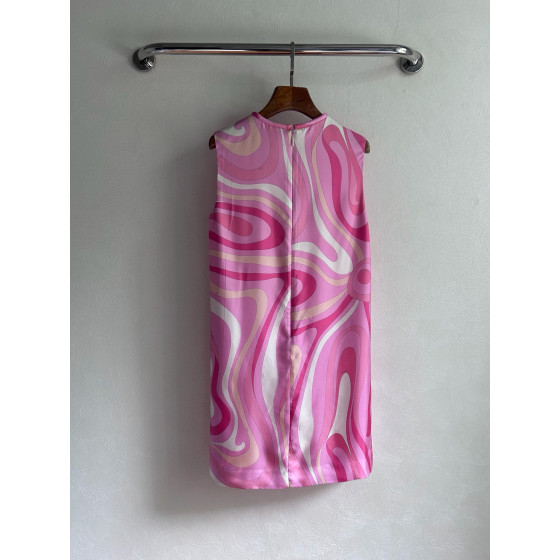 Pucci silk floral-print dress made of 100% heavyweight twill silk, lined with tulle, featuring a widened fixed round neck, concealed zipper at the back, and a straight hem. Size options: S, M, L, XL