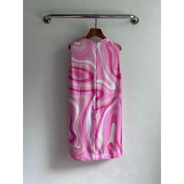 Pucci silk floral-print dress made of 100% heavyweight twill silk, lined with tulle, featuring a widened fixed round neck, concealed zipper at the back, and a straight hem. Size options: S, M, L, XL