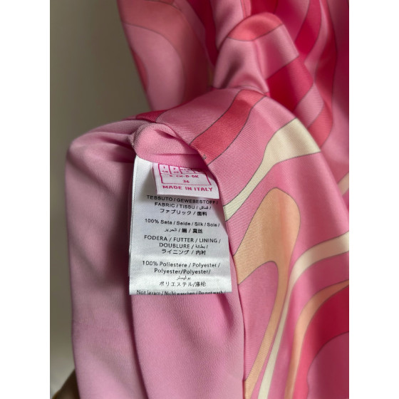 Pucci silk floral-print dress made of 100% heavyweight twill silk, lined with tulle, featuring a widened fixed round neck, concealed zipper at the back, and a straight hem. Size options: S, M, L, XL