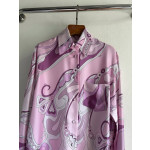 Pucci silk shirt, 100% heavyweight twill silk, multi-colored abstract print, classic collar shape, with matching buttons and a loose, straight hem, featuring random placement, each piece having a unique print. Size options: S, M, L, XL