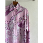 Pucci silk shirt, 100% heavyweight twill silk, multi-colored abstract print, classic collar shape, with matching buttons and a loose, straight hem, featuring random placement, each piece having a unique print. Size options: S, M, L, XL