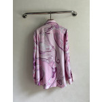 Pucci silk shirt, 100% heavyweight twill silk, multi-colored abstract print, classic collar shape, with matching buttons and a loose, straight hem, featuring random placement, each piece having a unique print. Size options: S, M, L, XL