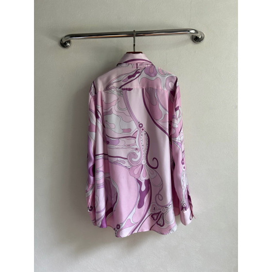 Pucci silk shirt, 100% heavyweight twill silk, multi-colored abstract print, classic collar shape, with matching buttons and a loose, straight hem, featuring random placement, each piece having a unique print. Size options: S, M, L, XL
