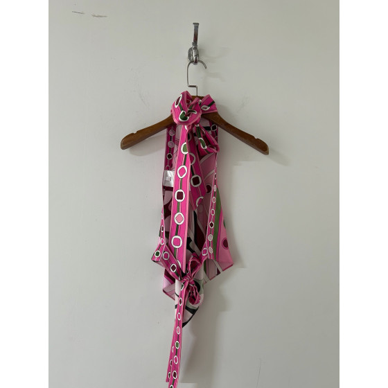 Pucci's silk floral-print halter dress is made of 100% twill silk, featuring a signature geometric swirl print all over. It adopts a self-fastening neck and back design, making each piece unique. Size: one size fits all