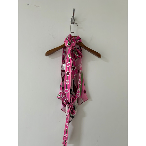 Pucci's silk floral-print halter dress is made of 100% twill silk, featuring a signature geometric swirl print all over. It adopts a self-fastening neck and back design, making each piece unique. Size: one size fits all