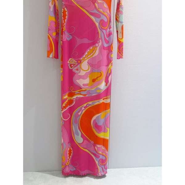 Pucci sheer and see-through dress ✨ This dress cleverly utilizes the contrast between transparency and iconic patterns, featuring the classic "Orchidee" swirl pattern surrounding the floral print. Size options: 36, 38, 40, 42