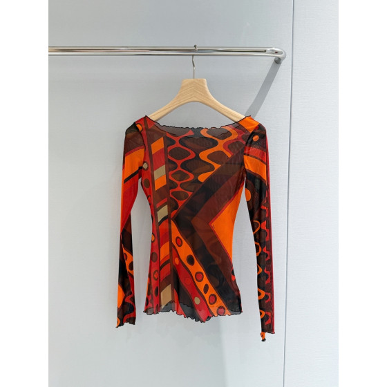 Pucci sheer and see-through top ✨ The classic "Vivara" swirl pattern surrounds the print, a sheer blouse-style top. Size options: 36, 38, 40, 42