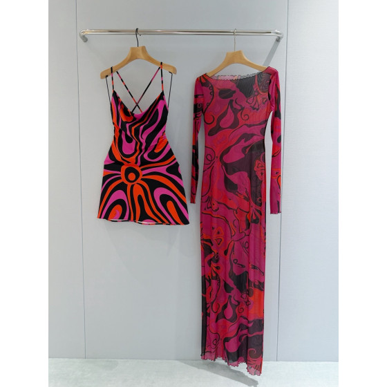 Pucci sheer and see-through dress ✨ Orchidee features a beautiful marble print surrounded by delicate ruffles. Each printed piece is unique. Size options: 36, 38, 40, 42