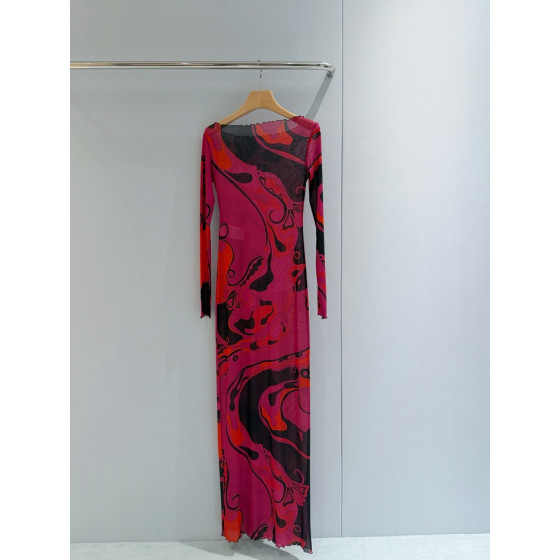Pucci sheer and see-through dress ✨ Orchidee features a beautiful marble print surrounded by delicate ruffles. Each printed piece is unique. Size options: 36, 38, 40, 42