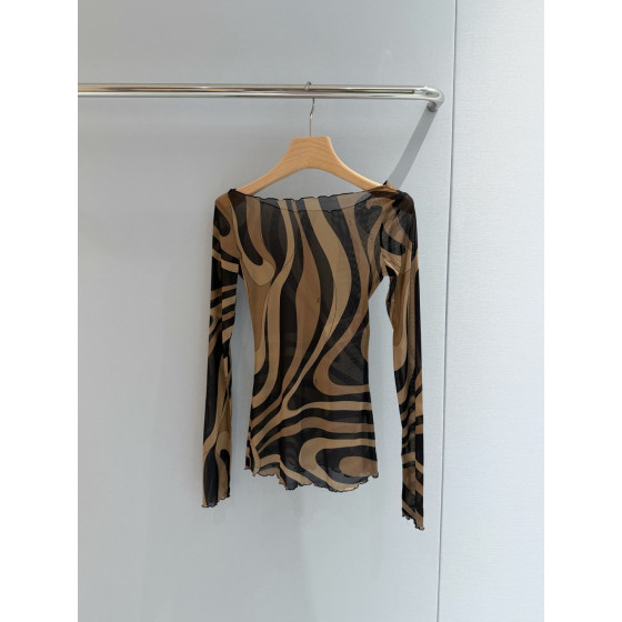 Pucci sheer see-through top ✨ features the classic "Marmo" swirl pattern surrounding print. This sheer blouse-style top is made of lightweight and elastic mesh fabric, with a slim-fitting cut and delicate ruffles. Size options: 36, 38, 40, 42