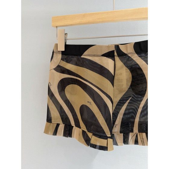 Pucci mesh see-through shorts✨ Feature the iconic "Marmo" swirl pattern print surrounded by ruffles. Size options for the mesh shorts include: 36, 38, 40, 42