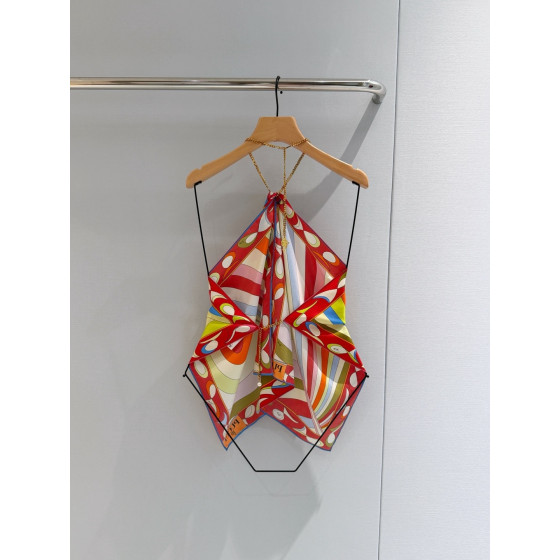 Pucci Chain‑Detail Halter Top ✨ 100% heavyweight silk twill. Show‑stopping colorful pattern. Features a gold‑toned chain halter strap embellished with the signature fish‑shaped pendant.  Size: One‑size‑fits‑all