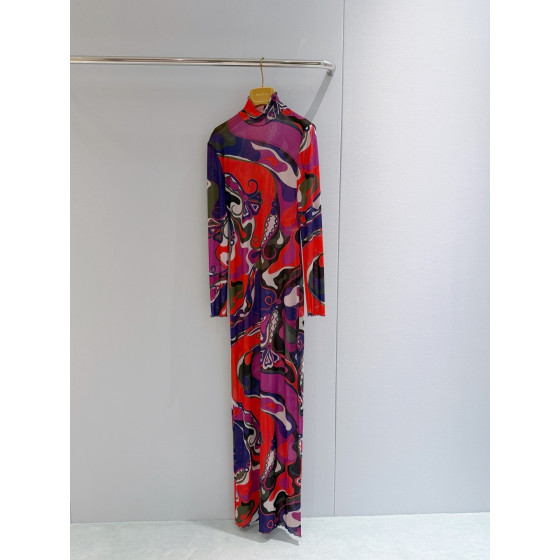 Pucci Tulle Stand‑Collar Dress ✨ Tulle cover‑up maxi dress crafted from mesh fabric. Tailored fit with great stretch, stand‑collar design and delicate ruffle details. Each printed piece is unique.  Sizes: 36, 38, 40, 42
