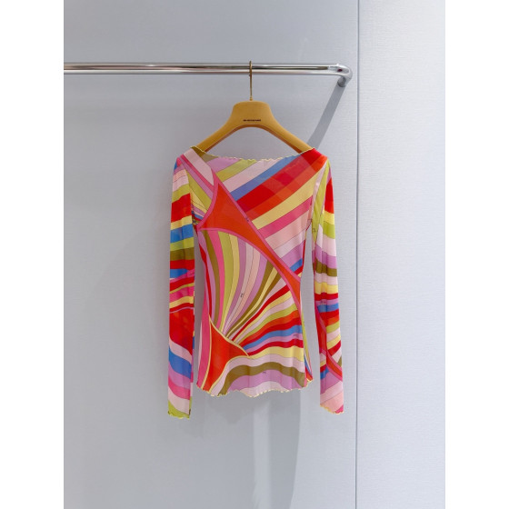 Pucci Sheer Tulle Top ✨ All‑over print of the archival "Marmo" swirl motif. Tulle cover‑up‑style top made of lightweight stretch mesh. Tailored cut with delicate ruffle trim. Each printed piece is unique.  Sizes: 36, 38, 40, 42