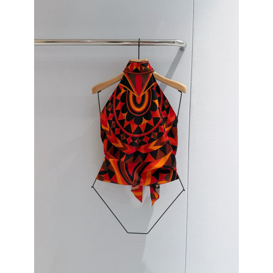 Pucci Manuba‑Print Top ✨ 100% silk twill. All‑over signature Manuba placement print rendered in striking orange, red and black colorway.  Size: One‑size‑fits‑all