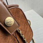 Top-tier Chanel 26a suede nubuck bowling tote bag, baguette bag, cylindrical bag, genuine leather inside and outside, chain cross-body messenger bag, 23*11