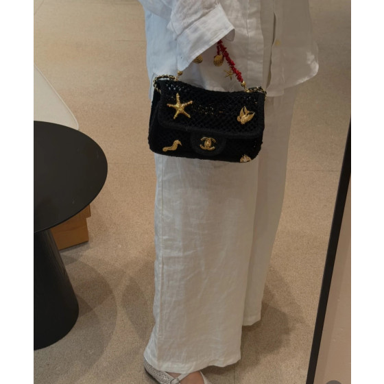 Top-tier 26CM Chanel CF Big Mini 20cm Badge Hardware Decoration Grid Hollow Chain Bag Coco Beach Series Woven Fishing Net Bag Crossbody Shoulder Bag
