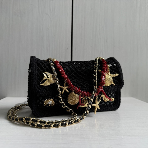 Top-tier 26CM Chanel CF Big Mini 20cm Badge Hardware Decoration Grid Hollow Chain Bag Coco Beach Series Woven Fishing Net Bag Crossbody Shoulder Bag