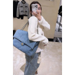 Top-tier Chanel 26a diamond-pattern denim CF style clamshell bag, underarm bag maxi, cross-body shoulder bag, genuine leather inside and outside, large size 38cm