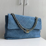 Top-tier Chanel 26a diamond-pattern denim CF style clamshell bag, underarm bag maxi, cross-body shoulder bag, genuine leather inside and outside, large size 38cm