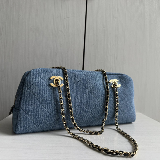 Top-tier Chanel 26a denim double-C bowling bag with chain shoulder bag, 32*15
