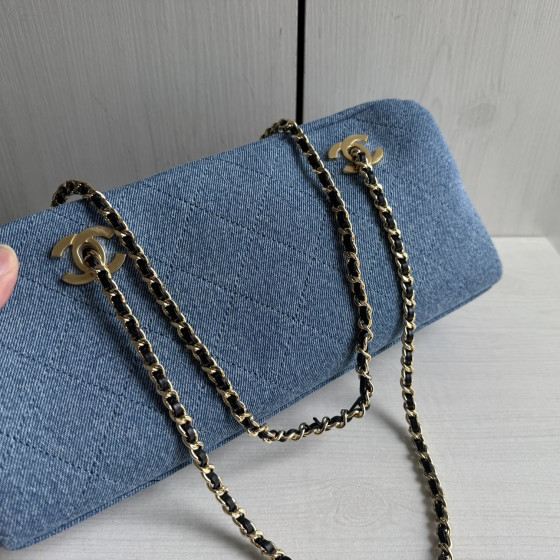 Top-tier Chanel 26a denim double-C bowling bag with chain shoulder bag, 32*15