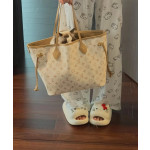 Top-level LV classic dune-colored vintage handbag NF beach bag women's bag, featuring flower material and cowhide patchwork, double-sided design, mother-daughter bag, women's shopping bag, shoulder handbag, medium size 32*29